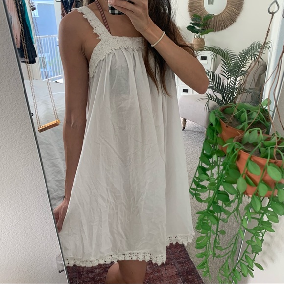 Shabby Chic Boho White Crochet Lace Trim Cotton Trapeze Shift Dress Medium - Picture 2 of 11